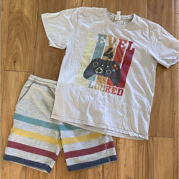 Peek Striped Pull-On Shorts, Fourth Grade Unlocked T Shirt Outfit EUC L 10-12 - Picture 1 of 5